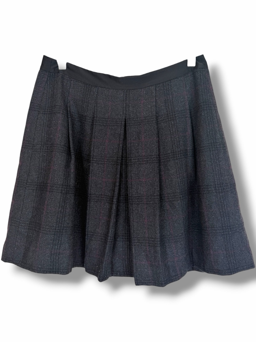 Ann Taylor LOFT Black Grey Purple Plaid Pleated Wool Blend Mini Skirt size 2